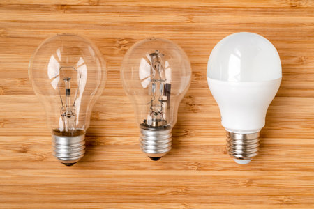 Tungsten bulb,halogen bulb and LED bulb on wooden background. Evolution of light bulb.