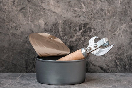 Opened tin can and a can opener inside it. Diet or starvation concept.