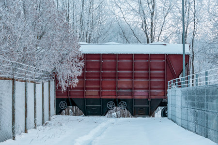 Carriages of a cargo train rides through a snow covered railway line. Winter snowy weather. Freight...