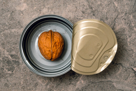 Opened tin can with a single walnut inside. Conceptual image.