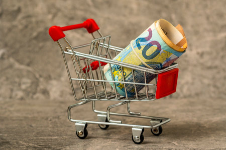 Shopping cart with a roll of euro banknote. Concept: loan, investment, pension, saving money, financing, debt, mortgage.の写真素材
