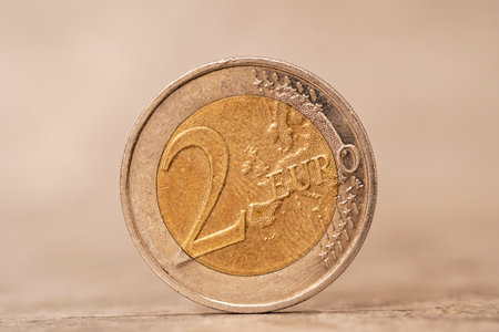 Two euro coin with Europe map. Close-up shot of 2 euro coin.の写真素材