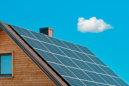 Photovoltaic or solar panels on a house roof. Production of renewable energy concept.の写真素材