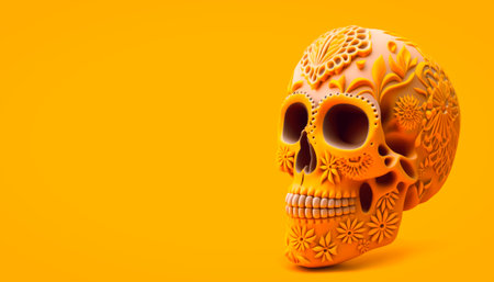Sugar skull on yellow background with copy space.An ornately decorated Day of the Dead (Dia de los Muertos) sugar skull, or calavera.AI generated.の素材