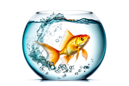 Goldfish in a fishbowl. Gold fish in the small round glass aquarium isolated on white background. AI generated.の素材