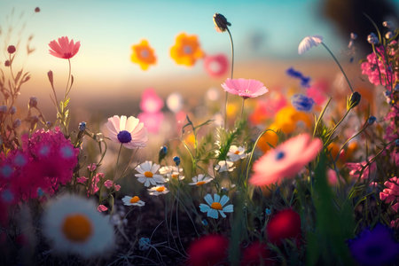 Beautiful colorful flowers blooming in a summer meadow on the morning. AI generated.の素材