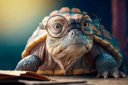 Very old clever turtle with glasses reading open book on the table. AI generated.の素材