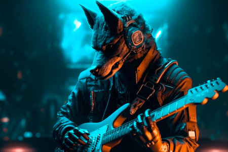 Wolf with guitar performs on stage. Wolf Rock guitarist plays solo on an electric guitar. AI generated.の素材