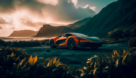 Futuristic orange sportscar on a beach with Hawaii mountains on background. Cinematic photography style.AI generated.の素材