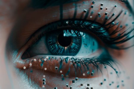 Close-up of a digital eye of cyber women.Data network and cyber security technology  background. Futuristic tech of virtual cyberspace and internet secure surveillance, binary code digital eye or safety scanner.AI generated.の素材