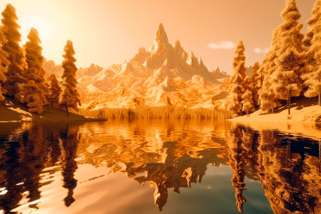Beautiful golden landscape. Epic scenery with a golden trees, mountains, and water. AI generated.の素材