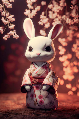Tiny cute and adorable rabbit dressed in traditional Japanese kimono, beautiful blooming sakura on background.AI generated.の素材