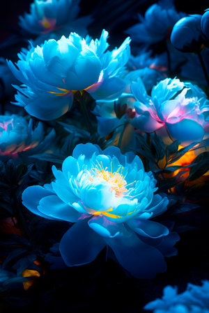 Magical light effects under the spectrum of beautiful light blue peony flowers. AI generated.の素材