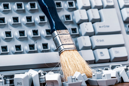 Brush on the old broken computer keyboard. Cleaning old keyboard.の写真素材
