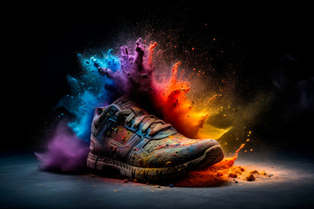 Sport shoe with a powerful explosion of mix color dust and powder.AI generatedの素材