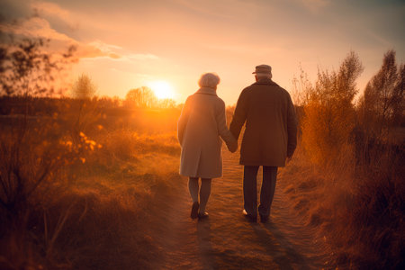 Happy active senior couple walking and holding hands outdoors, basking in the warm glow of the setting sun. Back view of elderly people. Strong ties of love.AI generatedの素材