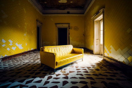 Empty yellow leather couch inside old room of abandoned house.AI generatedの素材