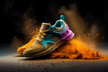 Sport sneakers with a powerful explosion of mix color powder and dust.AI generatedの素材