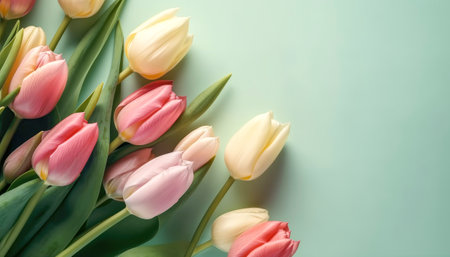 Bouquet of colored tulips flowers on a green pastel background.Copy space. AI generatedの素材