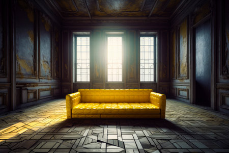 Modern yellow leather couch inside old room of abandoned house.AI generatedの素材
