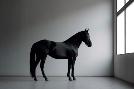 A black horse standing in a room and looking outside through bright window.AI generated.の素材