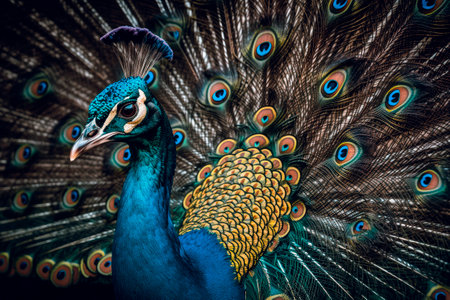 Portrait of beautiful peacock with colorful feathers out. AI generatedの素材