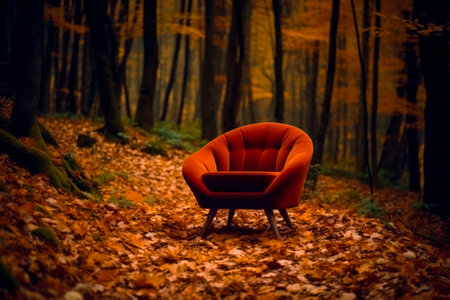 Empty comfortable orange armchair placed on ground in autumn forest with fallen leaves.AI generated.の素材