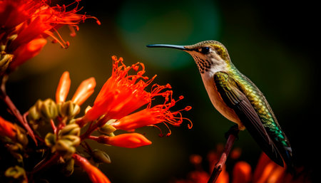 Hummingbird sits on a small branch and indulging in sweet nectar from a red flowers.AI generatedの素材