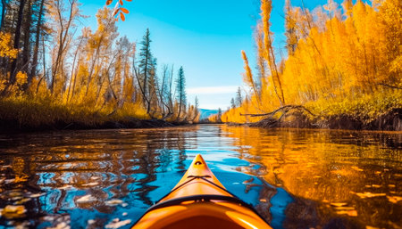 Yellow kayak sailing down a river on a sunny autumn day with yellow foliage trees. Exploration of wild nature concept.AI generated.の素材