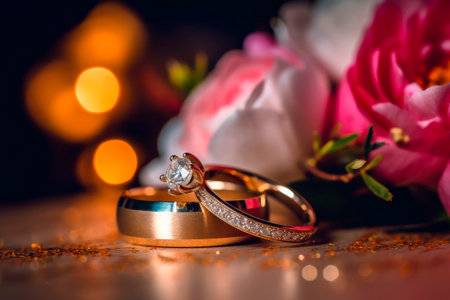 Wedding rings lie against beautiful bouquet as bridal accessories.AI generated.の素材