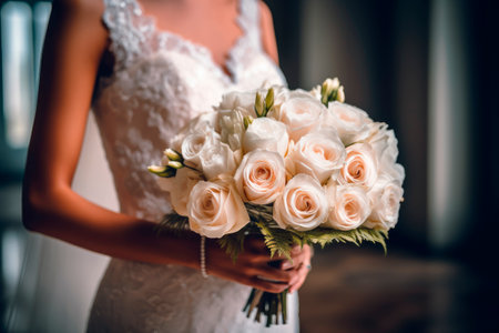 Girl in a white wedding dress holds in her hands a bouquet of flowers and greenery.Nice wedding bouquet in bride's hand.AI generated.の素材