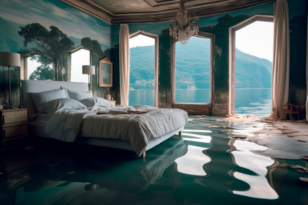 A surreal bedroom scene where the room appears to be melting into the lake water. The calming peaceful atmosphere. AI generated.の素材