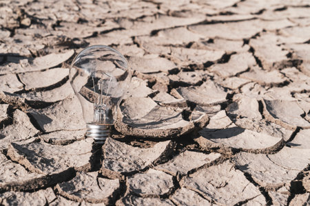 Light bulb on the land with dry cracks. Concept of power generation in the desert.の写真素材