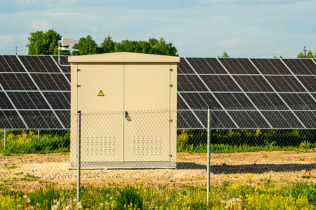 Electric high voltage distribution cabinet in a photovoltaic power station, concept of clean eco-friendly energyの写真素材