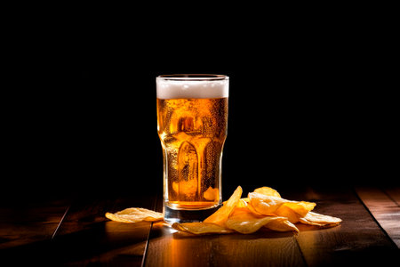 Beer glass and potato chips on wood table with dark background  - snack bar or pub menu. AI generated.の素材