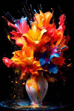 Colored paint splashing, forming into shape of beautiful flowers bouquet in a vase.AI generatedの素材