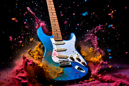 Electric guitar with powerful explosion of mix color powder. Powerful sound. AI generated.の素材