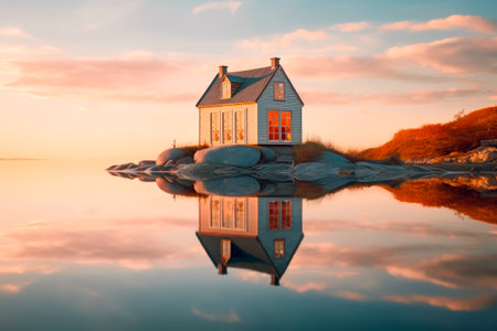 Tiny wooden house on lake island with reflection on water.AI generated.の素材