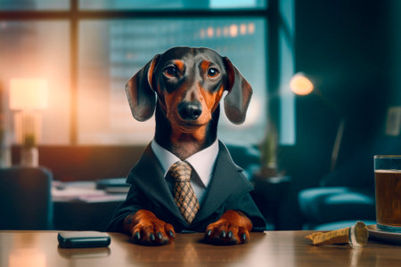 Dog successuful  business person. Portrait of dachshund in business suit sitting in office chair.AI generated.の素材