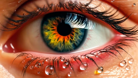 Human eye close up shot with drops of water,tears. AI generatedの素材