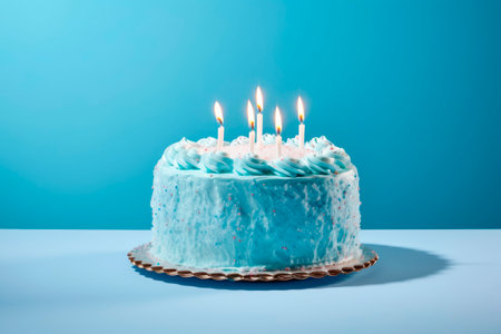 Birthday cake with five sparkling candles on blue background. 5th Birthday Cake. AI generatedの素材