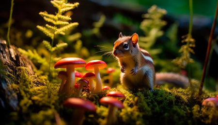 Little chipmunk among many cute Amanita muscaria.AI generatedの素材
