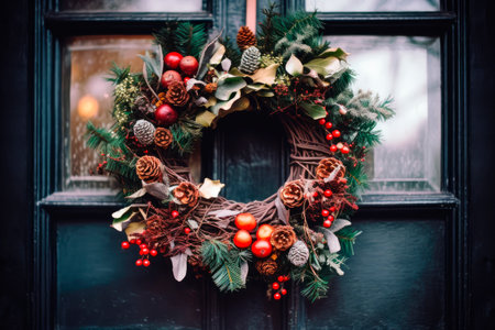 Decorative festive Christmas wreath on old wooden front door. AI generatedの素材