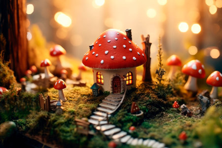 A little red mushroom house in a forest.Fairy house made of Amanita muscaria in a forest.AI generatedの素材