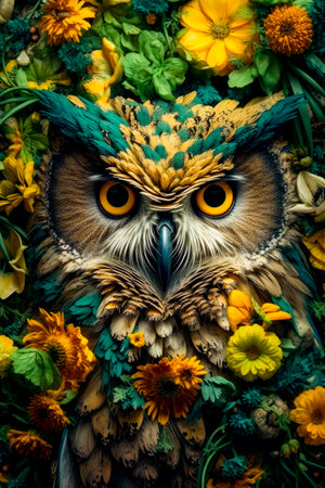 Close-up portrait of an wise owl with beutiful flowers background.AI generated.の素材