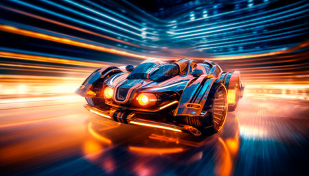 High speed of futuristic sports car on the night city streets.AI generated.の素材