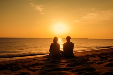 Silhouette of couple lovers watching at sunset on the beach. Love and romance.AI generatedの素材