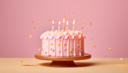 Pink birthday cake with a five sparkling candles.Happy birthday concept. AI generatedの素材