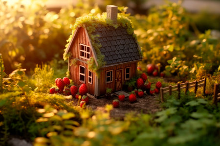Miniature house in a garden with a wild strawberries.AI generatedの素材