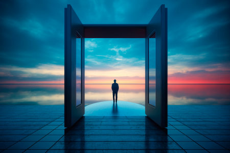 Silhouette of man against giant doorway and calm sea water. Space of infinite possibilities concept. New begining.AI generated.の素材